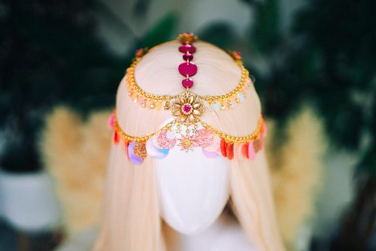 Festival Headpiece, Gold Head Chain, Pink Boho Crown, Burning Man Jewelry, Sparkle Hairpiece, Fairy Festival,Goddess Accessory,Fantasy Crown