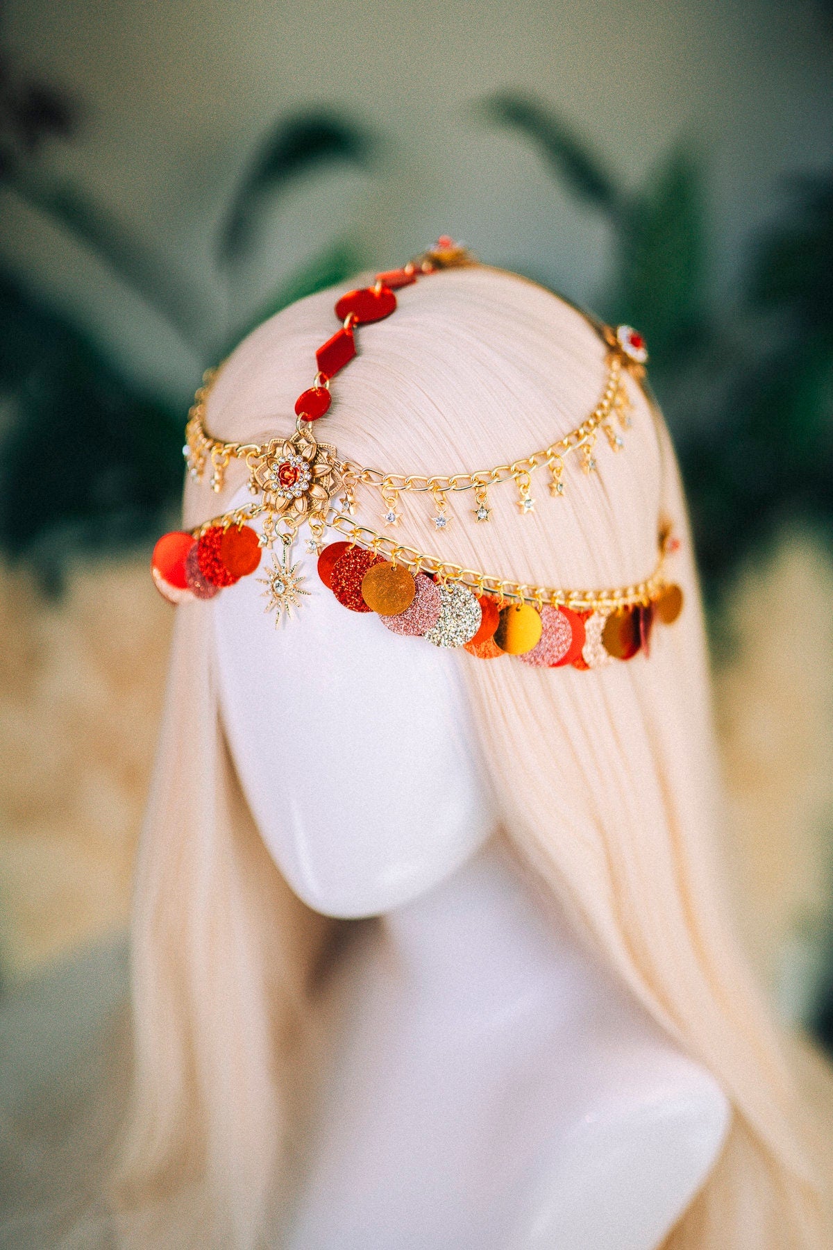 SALE Gold chain headband, Festival headpiece, Boho festival jewellery, Red festival crown, Sequin jewellery, Festival headband, Festiva