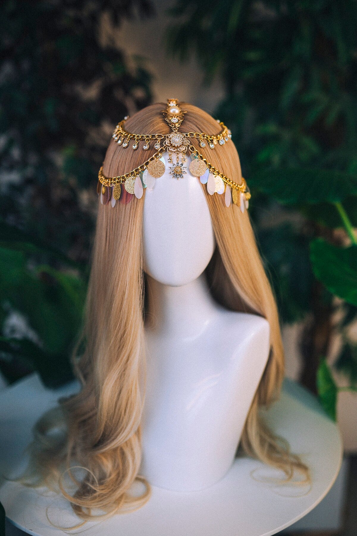 Boho Festival Headpiece, Gold Chain Crown, Sequin Headpiece, Gypsy Hair Jewelry, Celestial Goddess Tiara, Statement Bridal Headpiece