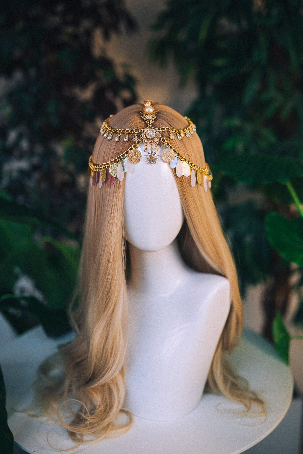 Boho Festival Headpiece, Gold Chain Crown, Sequin Headpiece, Gypsy Hair Jewelry, Celestial Goddess Tiara, Statement Bridal Headpiece