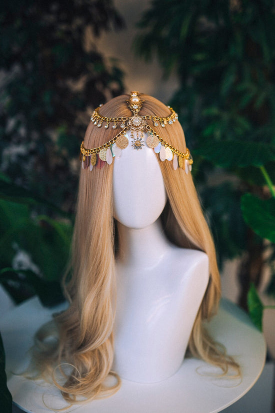 Boho Festival Headpiece, Gold Chain Crown, Sequin Headpiece, Gypsy Hair Jewelry, Celestial Goddess Tiara, Statement Bridal Headpiece