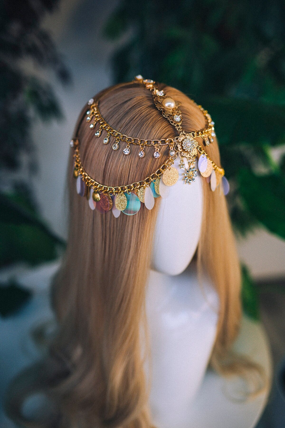Boho Festival Headpiece, Gold Chain Crown, Sequin Headpiece, Gypsy Hair Jewelry, Celestial Goddess Tiara, Statement Bridal Headpiece