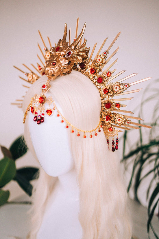 Golden Dragon Fire Crown, Red Gold Headpiece, Fantasy Dragon Costume, Game of Thrones Cosplay, Dragon Queen Crown, Halloween Tiara