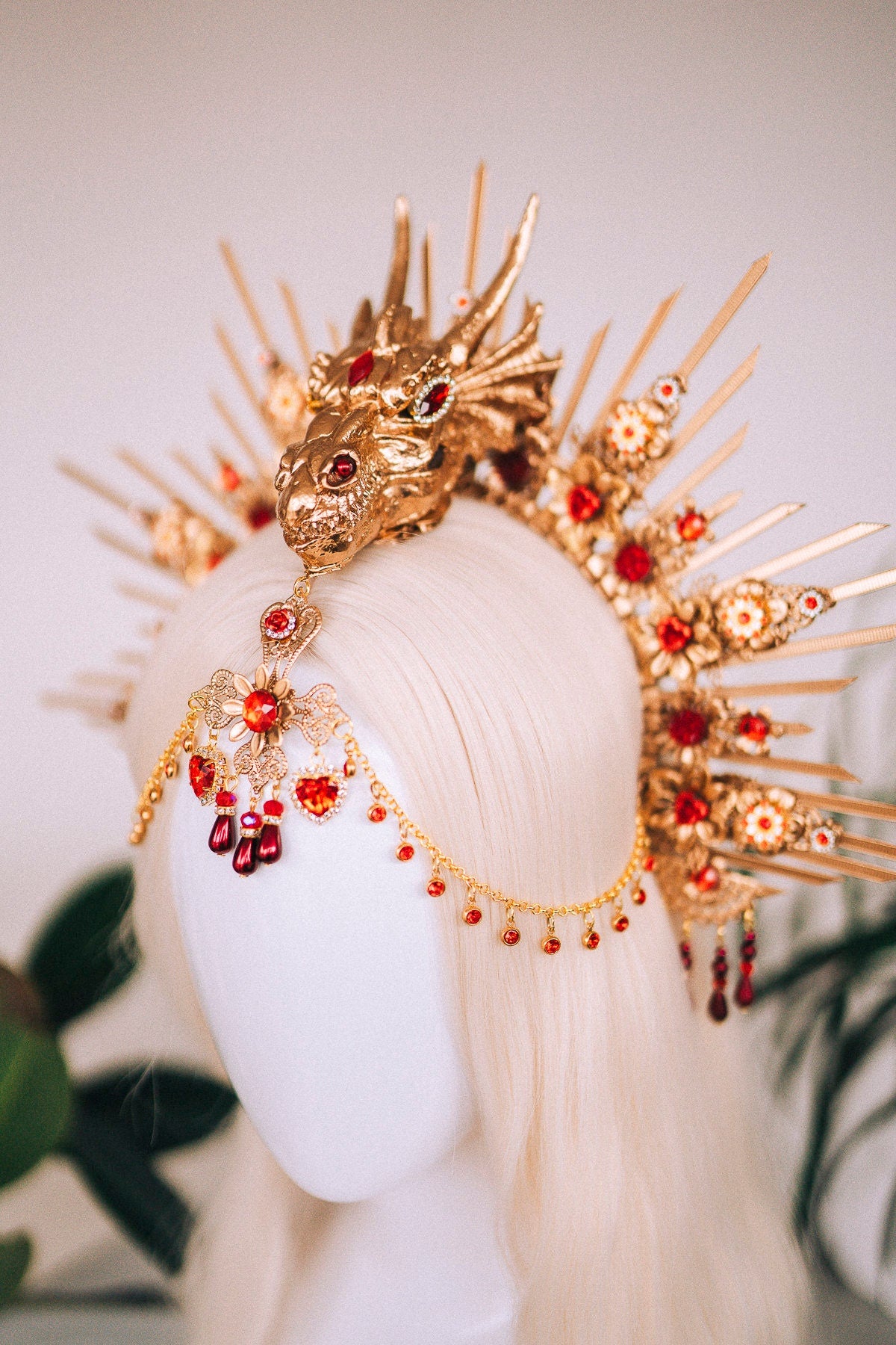 Golden Dragon Fire Crown, Red Gold Headpiece, Fantasy Dragon Costume, Game of Thrones Cosplay, Dragon Queen Crown, Halloween Tiara