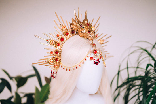 Golden Dragon Fire Crown, Red Gold Headpiece, Fantasy Dragon Costume, Game of Thrones Cosplay, Dragon Queen Crown, Halloween Tiara