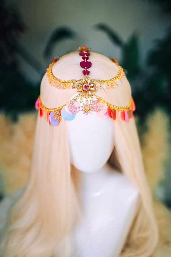 Festival Headpiece, Gold Head Chain, Pink Boho Crown, Burning Man Jewelry, Sparkle Hairpiece, Fairy Festival,Goddess Accessory,Fantasy Crown