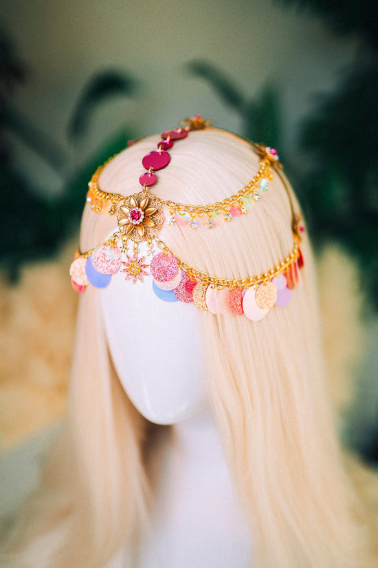 Festival Headpiece, Gold Head Chain, Pink Boho Crown, Burning Man Jewelry, Sparkle Hairpiece, Fairy Festival,Goddess Accessory,Fantasy Crown