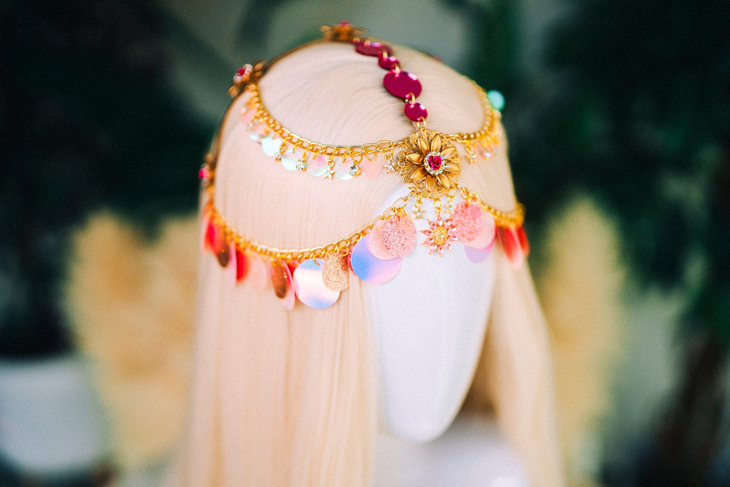 Festival Headpiece, Gold Head Chain, Pink Boho Crown, Burning Man Jewelry, Sparkle Hairpiece, Fairy Festival,Goddess Accessory,Fantasy Crown