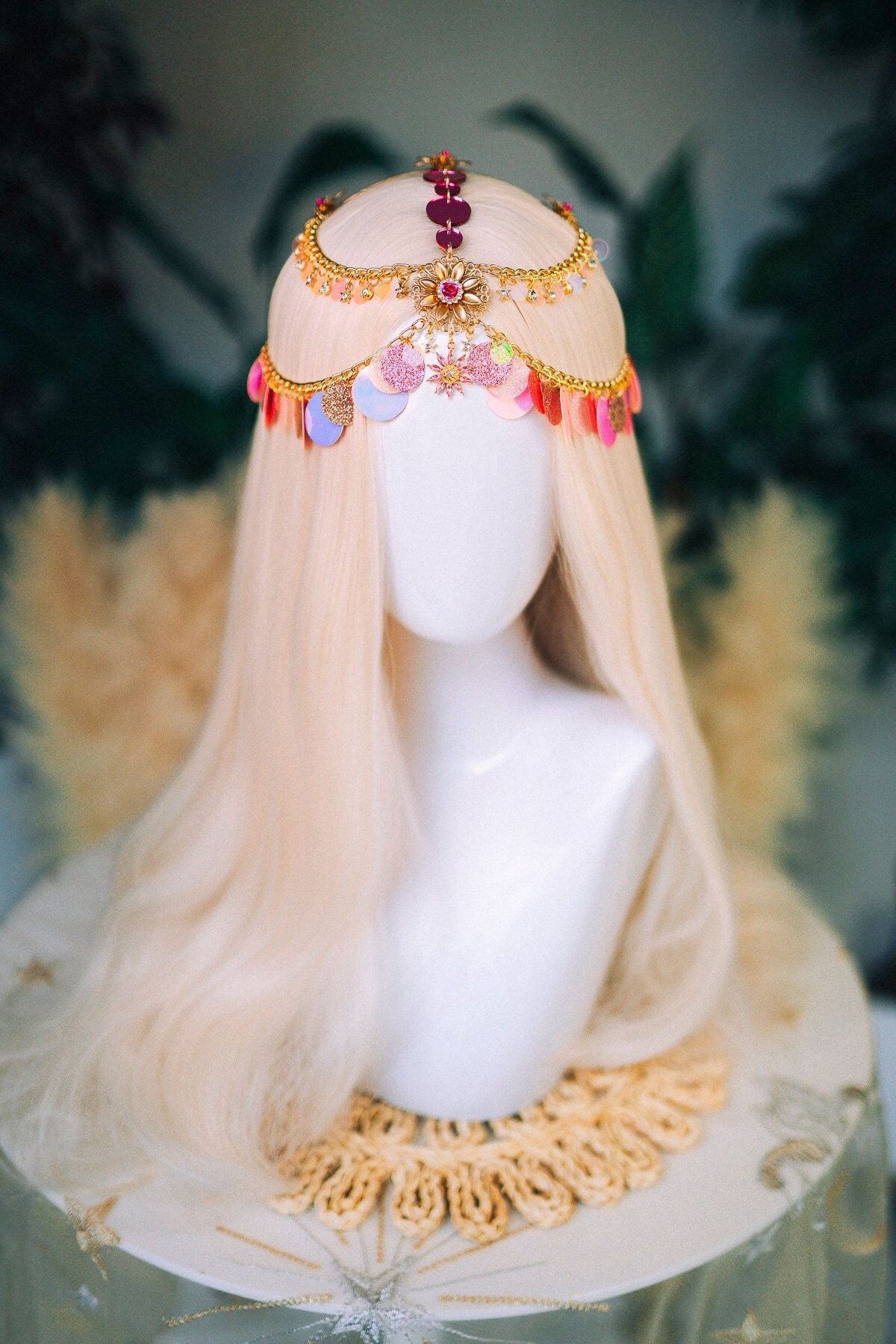 Festival Headpiece, Gold Head Chain, Pink Boho Crown, Burning Man Jewelry, Sparkle Hairpiece, Fairy Festival,Goddess Accessory,Fantasy Crown