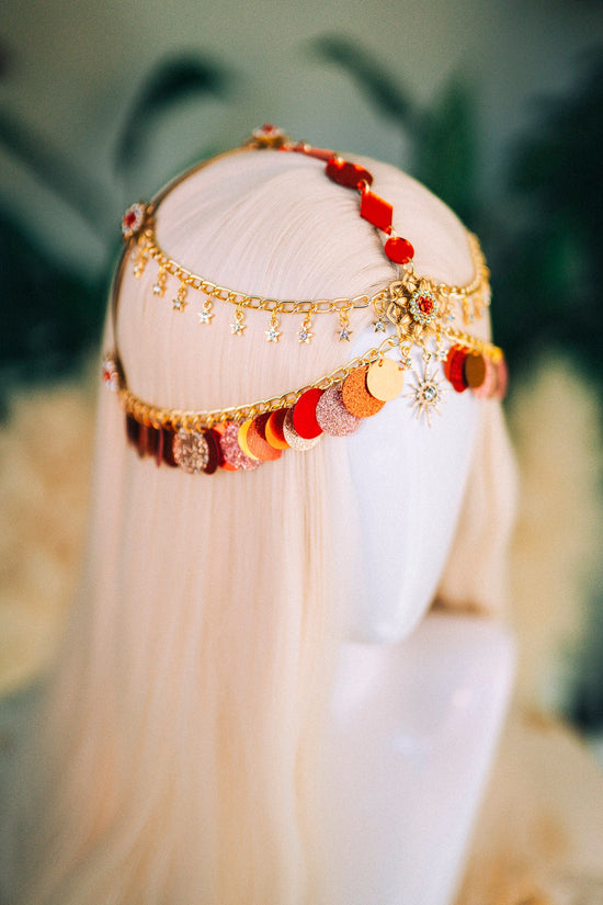 SALE Gold chain headband, Festival headpiece, Boho festival jewellery, Red festival crown, Sequin jewellery, Festival headband, Festiva