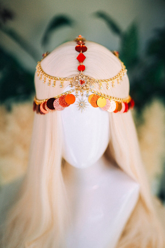 SALE Gold chain headband, Festival headpiece, Boho festival jewellery, Red festival crown, Sequin jewellery, Festival headband, Festiva