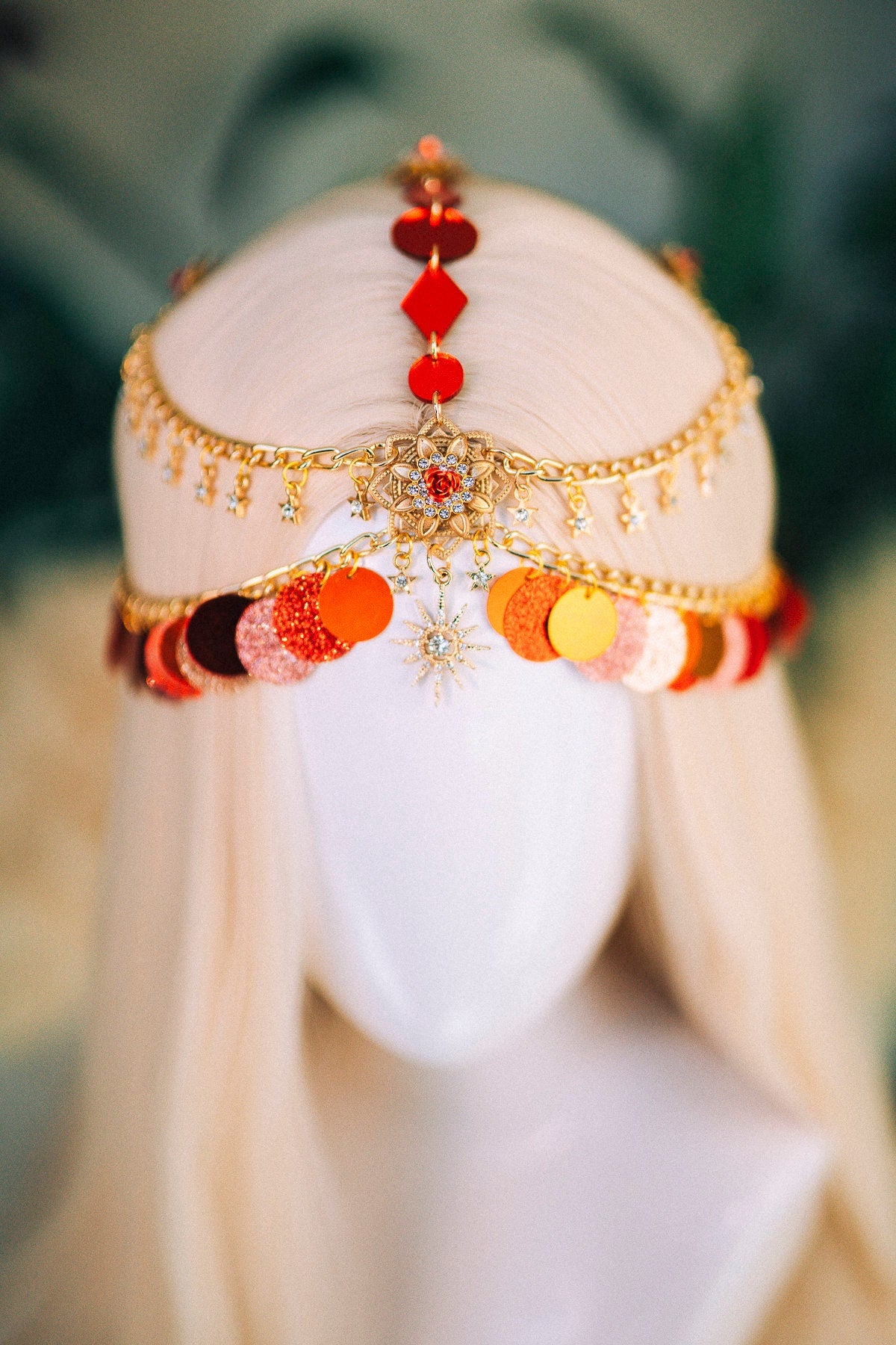 SALE Gold chain headband, Festival headpiece, Boho festival jewellery, Red festival crown, Sequin jewellery, Festival headband, Festiva