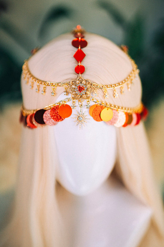 SALE Gold chain headband, Festival headpiece, Boho festival jewellery, Red festival crown, Sequin jewellery, Festival headband, Festiva