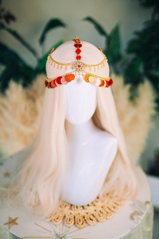 SALE Gold chain headband, Festival headpiece, Boho festival jewellery, Red festival crown, Sequin jewellery, Festival headband, Festiva