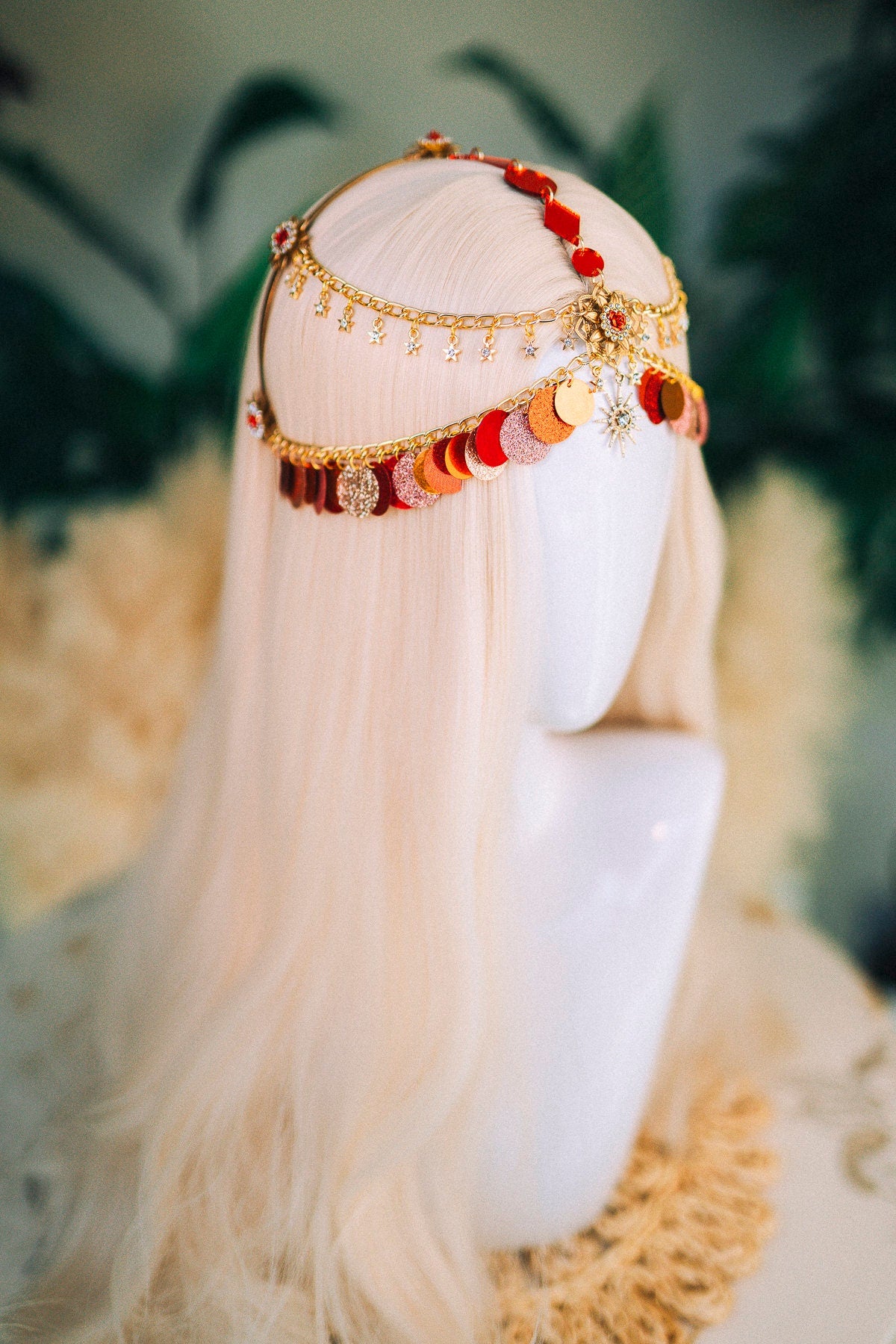 SALE Gold chain headband, Festival headpiece, Boho festival jewellery, Red festival crown, Sequin jewellery, Festival headband, Festiva