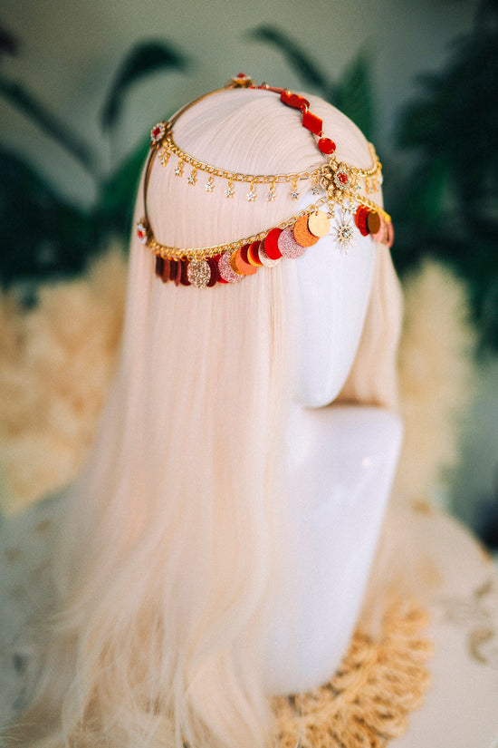 SALE Gold chain headband, Festival headpiece, Boho festival jewellery, Red festival crown, Sequin jewellery, Festival headband, Festiva