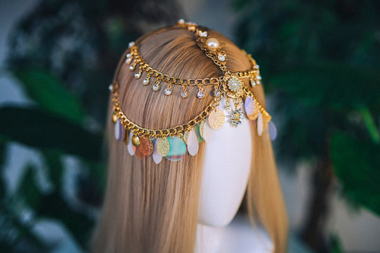 Boho Festival Headpiece, Gold Chain Crown, Sequin Headpiece, Gypsy Hair Jewelry, Celestial Goddess Tiara, Statement Bridal Headpiece