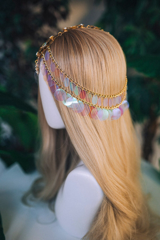 Iridescent Sequin Crown, Festival Headpiece, Boho Goddess Tiara, Handmade Crown, Rainbow Bridal Crown, Celestial Tiara, Fairy Costume Tiara