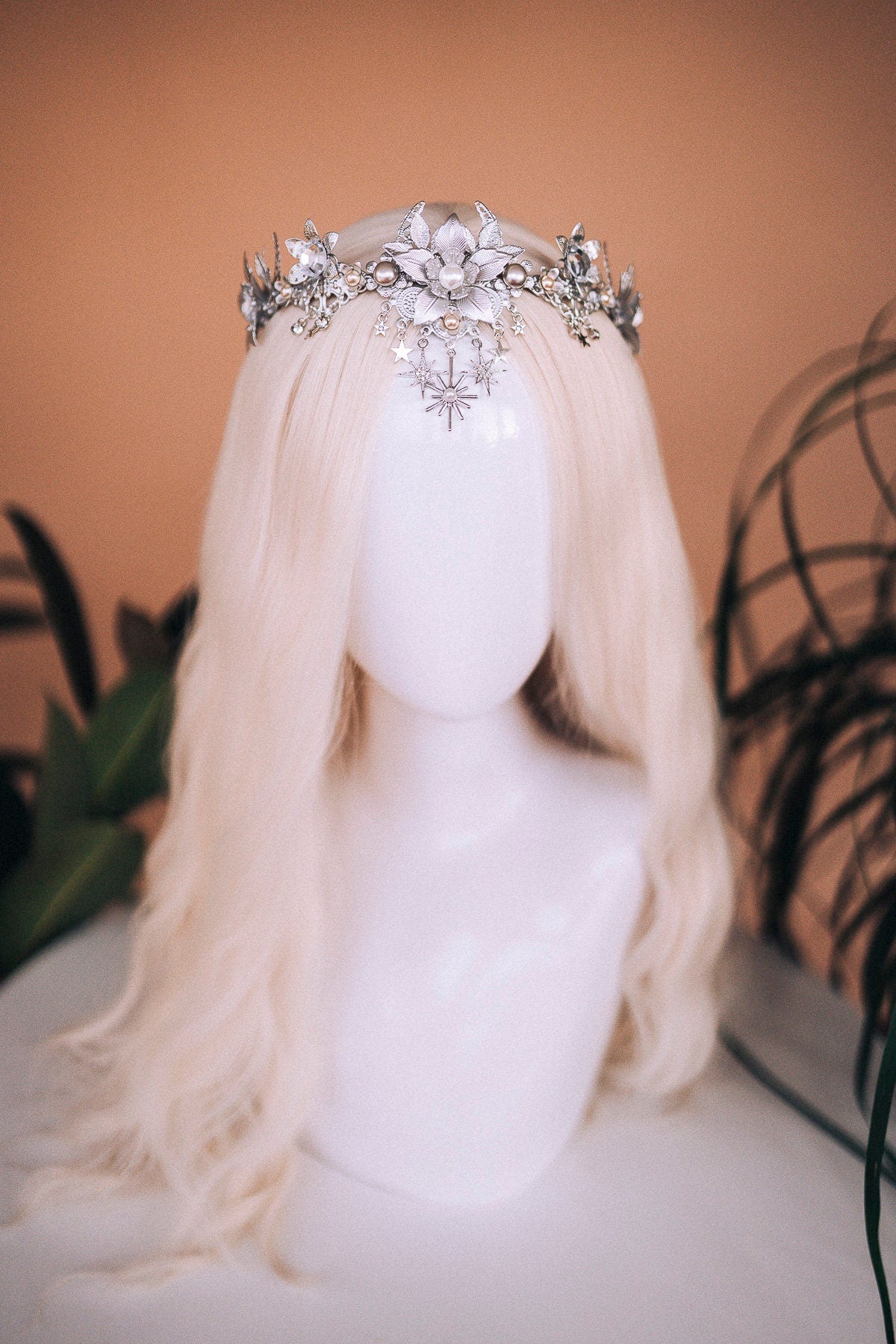 Celestial Silver Flower Tiara, Boho Bridal Crown, Goddess Wedding Headpiece, Pearl Fantasy Tiara, Handmade Star Crown