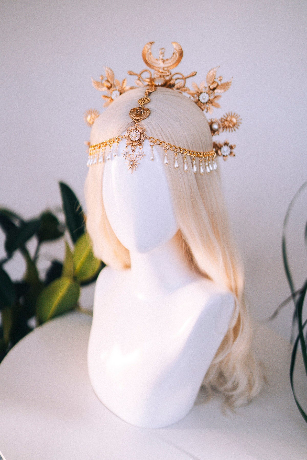 Cleopatra Crown, Egyptian Headpiece, Gold Festival Crown, Boho Chic Halo, Bridal Headpiece, Carnival Costume, Elegant Egyptian Jewelry