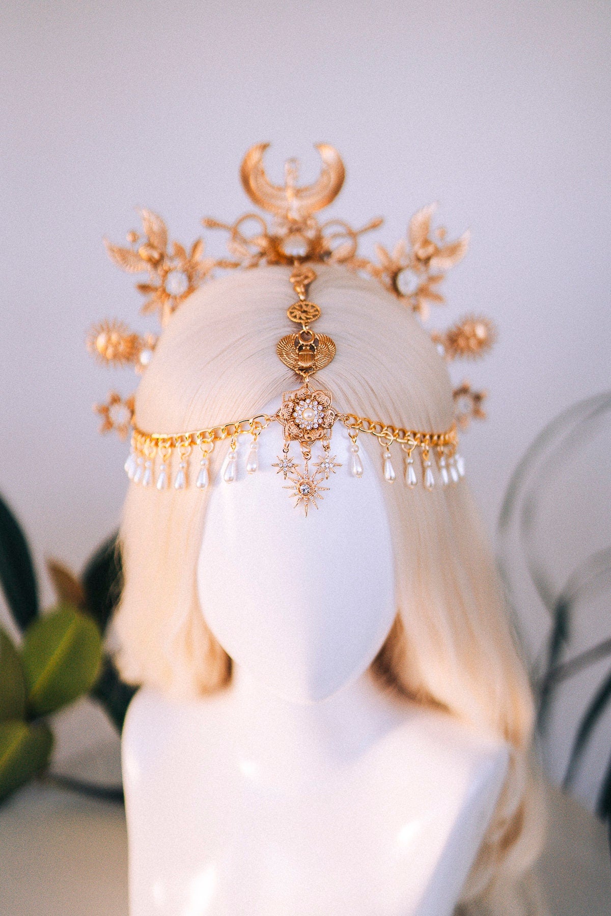 Cleopatra Crown, Egyptian Headpiece, Gold Festival Crown, Boho Chic Halo, Bridal Headpiece, Carnival Costume, Elegant Egyptian Jewelry