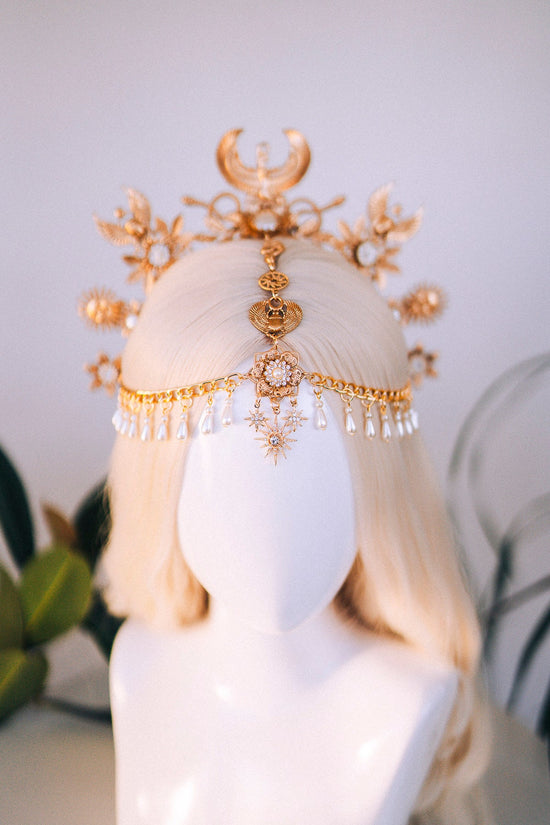 Cleopatra Crown, Egyptian Headpiece, Gold Festival Crown, Boho Chic Halo, Bridal Headpiece, Carnival Costume, Elegant Egyptian Jewelry