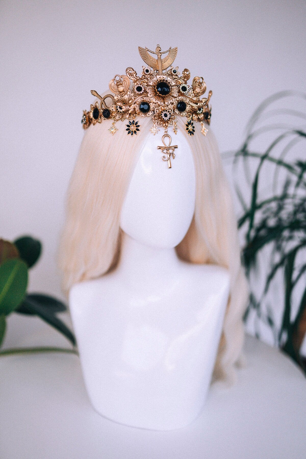 Cleopatra Crown, Egyptian Gold Crown, Black Gem Headpiece, Festival Costume Crown, Mardi Gras Cleopatra Crown, Luxury Handmade Crown, Tiara