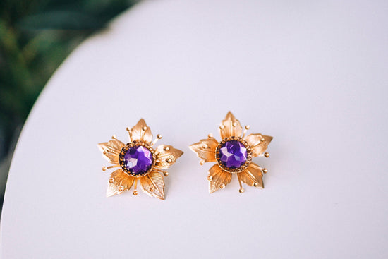 Flower earrings, Festival earrings, Gold earrings, Summer earrings, Flower jewellery, Wedding accessories, Purple earrings, Bridal earrings