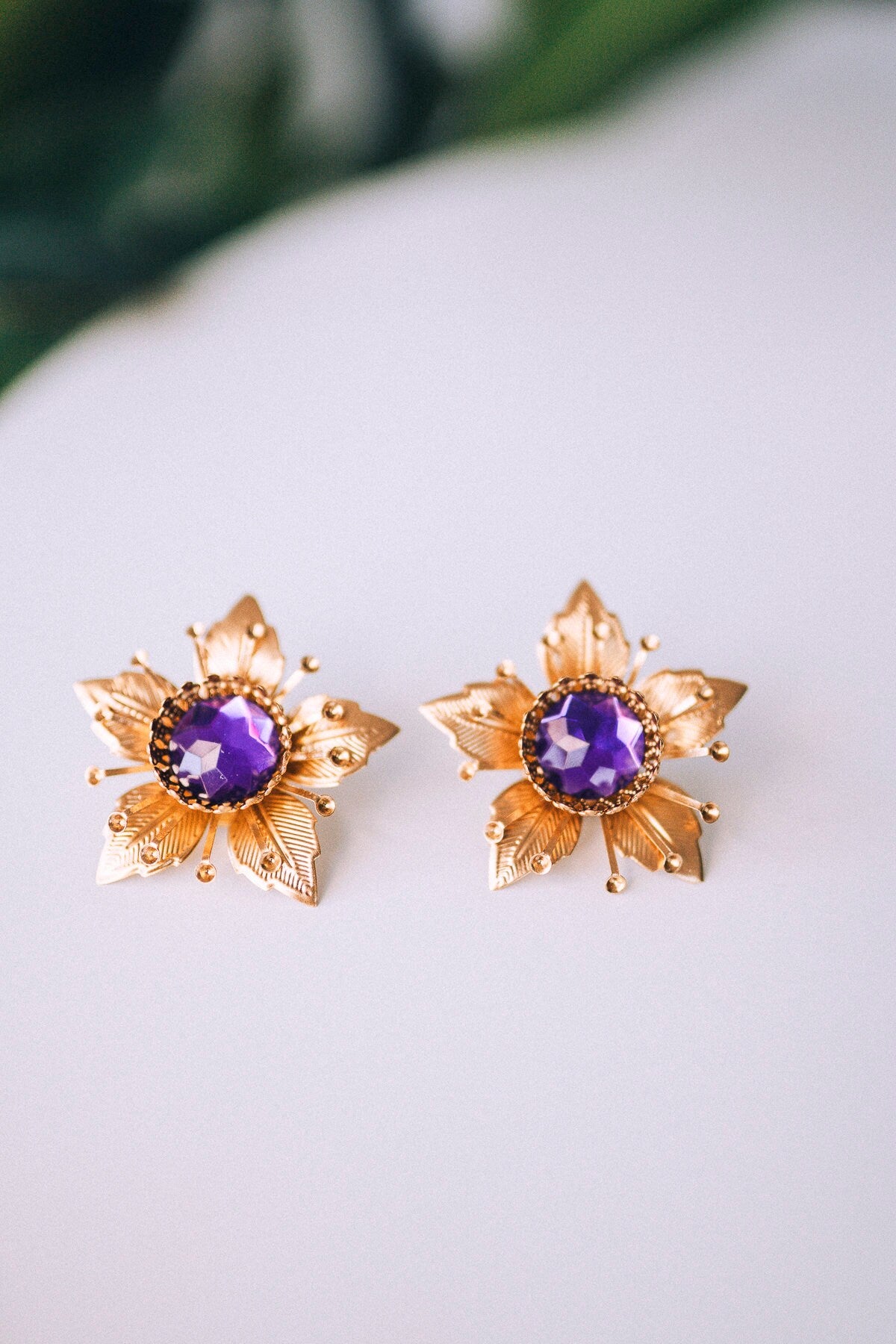 Flower earrings, Festival earrings, Gold earrings, Summer earrings, Flower jewellery, Wedding accessories, Purple earrings, Bridal earrings