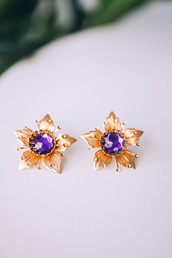 Flower earrings, Festival earrings, Gold earrings, Summer earrings, Flower jewellery, Wedding accessories, Purple earrings, Bridal earrings