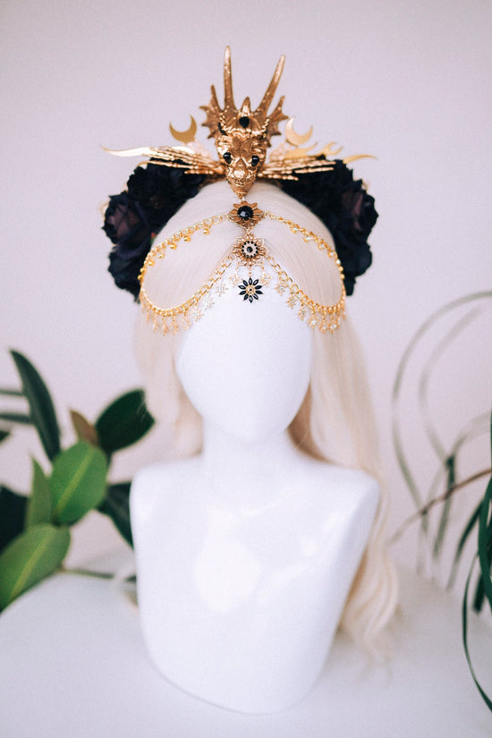 Dragon Queen Crown, Game Of Thrones Tiara, Gold Dragon Headpiece, Red Rose Crown, Daenerys Costume, Fantasy Queen Tiara, Halloween Headdress