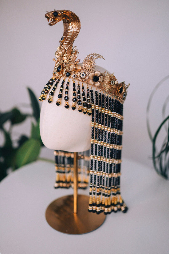 Cleopatra Black Crown, Egyptian Gold Crown, Regal Headpiece, Carnival Cleopatra Crown, Mardi Gras Costume, Halloween Cleopatra Costume
