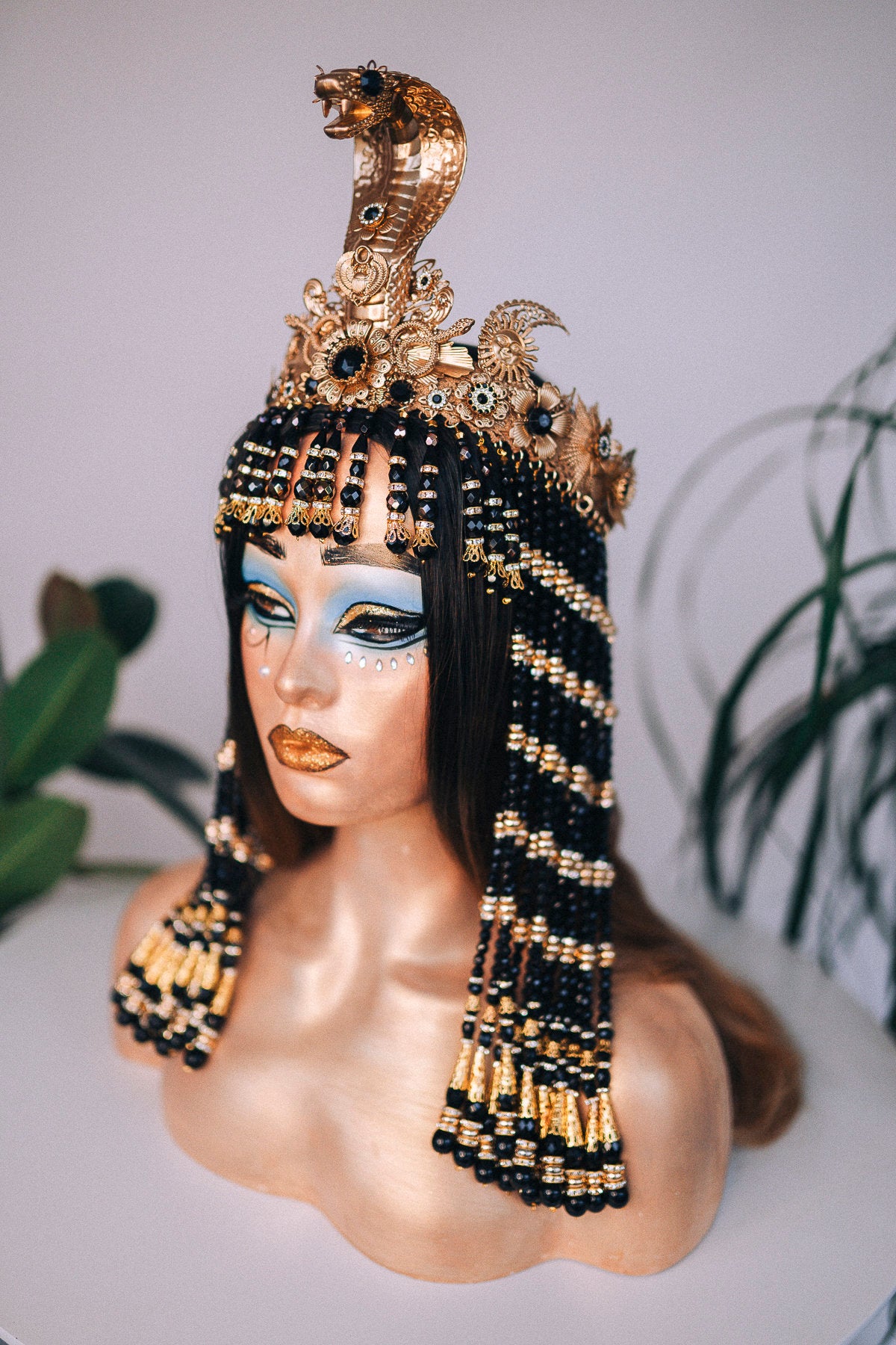 Cleopatra Black Crown, Egyptian Gold Crown, Regal Headpiece, Carnival Cleopatra Crown, Mardi Gras Costume, Halloween Cleopatra Costume