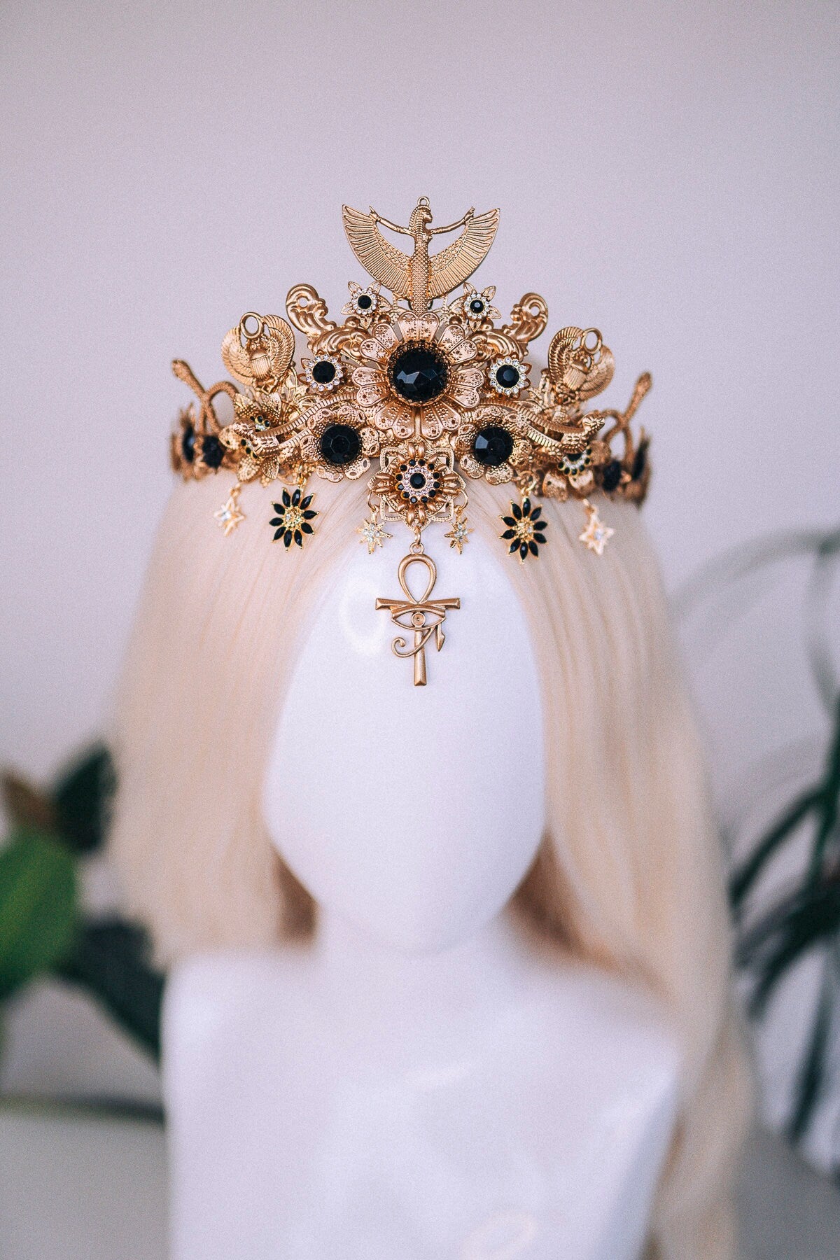 Cleopatra Crown, Egyptian Gold Crown, Black Gem Headpiece, Festival Costume Crown, Mardi Gras Cleopatra Crown, Luxury Handmade Crown, Tiara