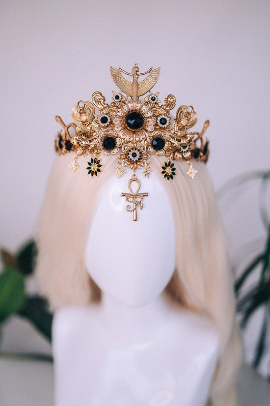 Cleopatra Crown, Egyptian Gold Crown, Black Gem Headpiece, Festival Costume Crown, Mardi Gras Cleopatra Crown, Luxury Handmade Crown, Tiara