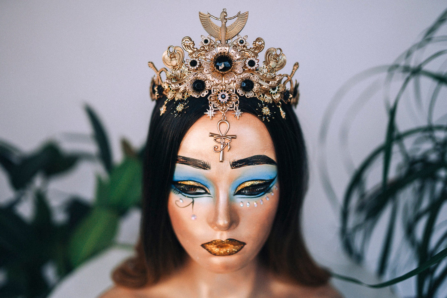 Cleopatra Crown, Egyptian Gold Crown, Black Gem Headpiece, Festival Costume Crown, Mardi Gras Cleopatra Crown, Luxury Handmade Crown, Tiara