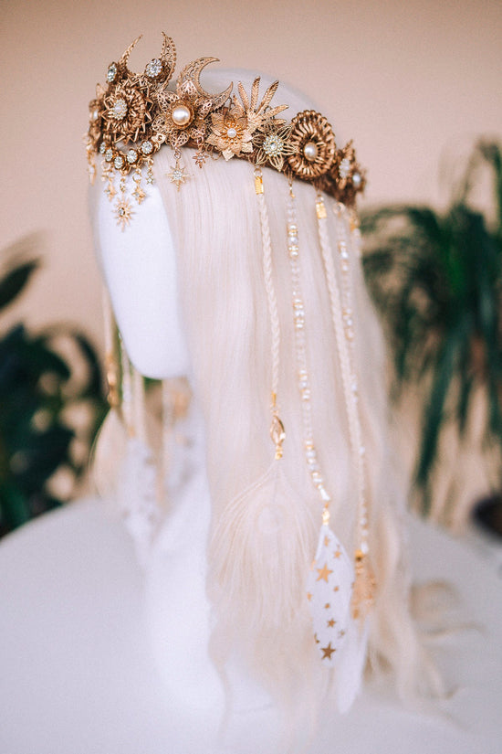 Celestial Goddess Crown, Boho Wedding Tiara, Gold Filigree Headpiece, Moon Sun Halo, Ethereal Festival Crown, Mystic Queen, Ritual Tiara