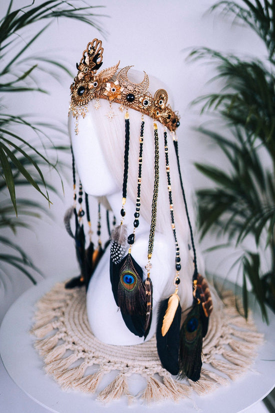 Boho Goddess Crown, Feather Headpiece, Festival Tiara, Celestial Halo, Gold Headpiece, Peacock Feathers, Mystic Queen, Ritual Crown