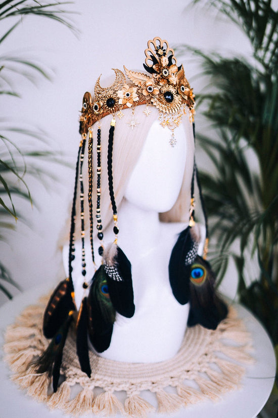 Boho Goddess Crown, Feather Headpiece, Festival Tiara, Celestial Halo, Gold Headpiece, Peacock Feathers, Mystic Queen, Ritual Crown