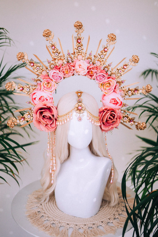 Celestial Flower Crown, Gold Boho Headpiece, Pink Rose Tiara, Goddess Halo Crown, Wedding Floral Crown, Festival Headpiece, Carnival Tiara