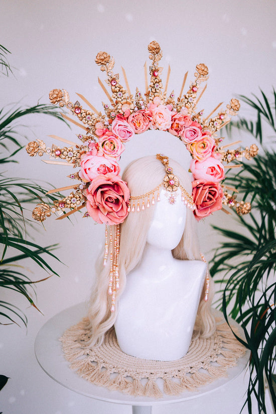Celestial Flower Crown, Gold Boho Headpiece, Pink Rose Tiara, Goddess Halo Crown, Wedding Floral Crown, Festival Headpiece, Carnival Tiara