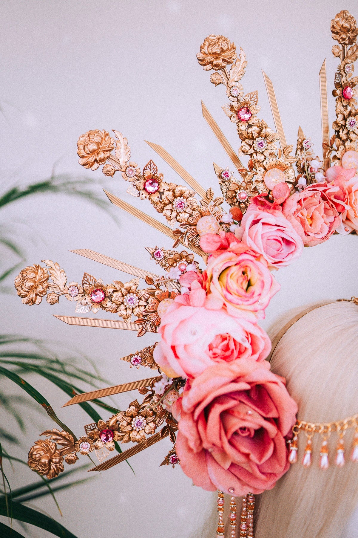 Celestial Flower Crown, Gold Boho Headpiece, Pink Rose Tiara, Goddess Halo Crown, Wedding Floral Crown, Festival Headpiece, Carnival Tiara