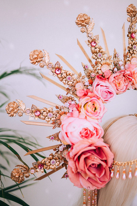 Celestial Flower Crown, Gold Boho Headpiece, Pink Rose Tiara, Goddess Halo Crown, Wedding Floral Crown, Festival Headpiece, Carnival Tiara