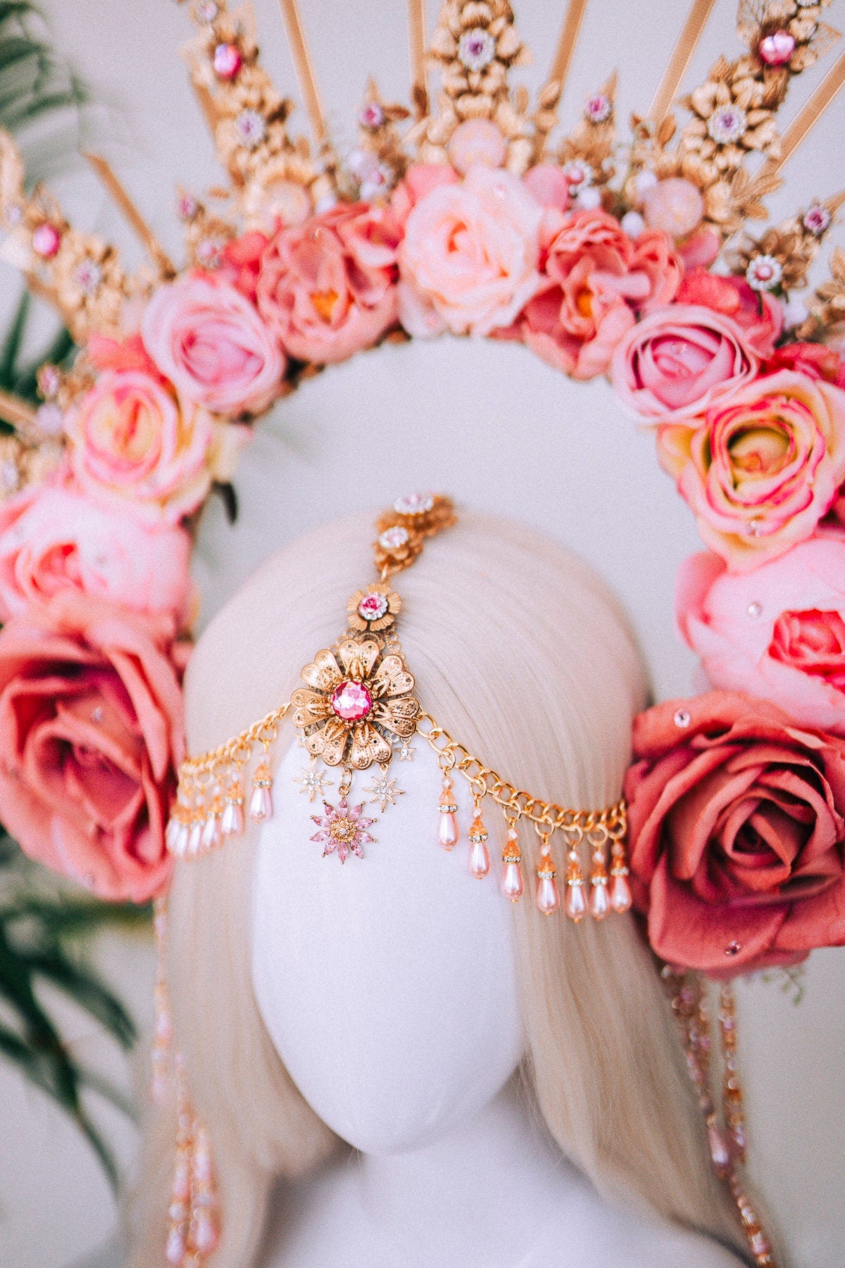 Celestial Flower Crown, Gold Boho Headpiece, Pink Rose Tiara, Goddess Halo Crown, Wedding Floral Crown, Festival Headpiece, Carnival Tiara