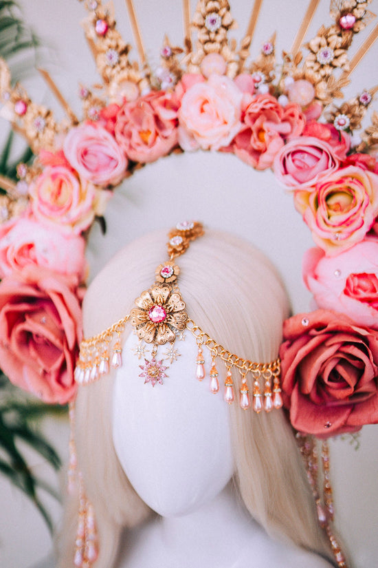 Celestial Flower Crown, Gold Boho Headpiece, Pink Rose Tiara, Goddess Halo Crown, Wedding Floral Crown, Festival Headpiece, Carnival Tiara