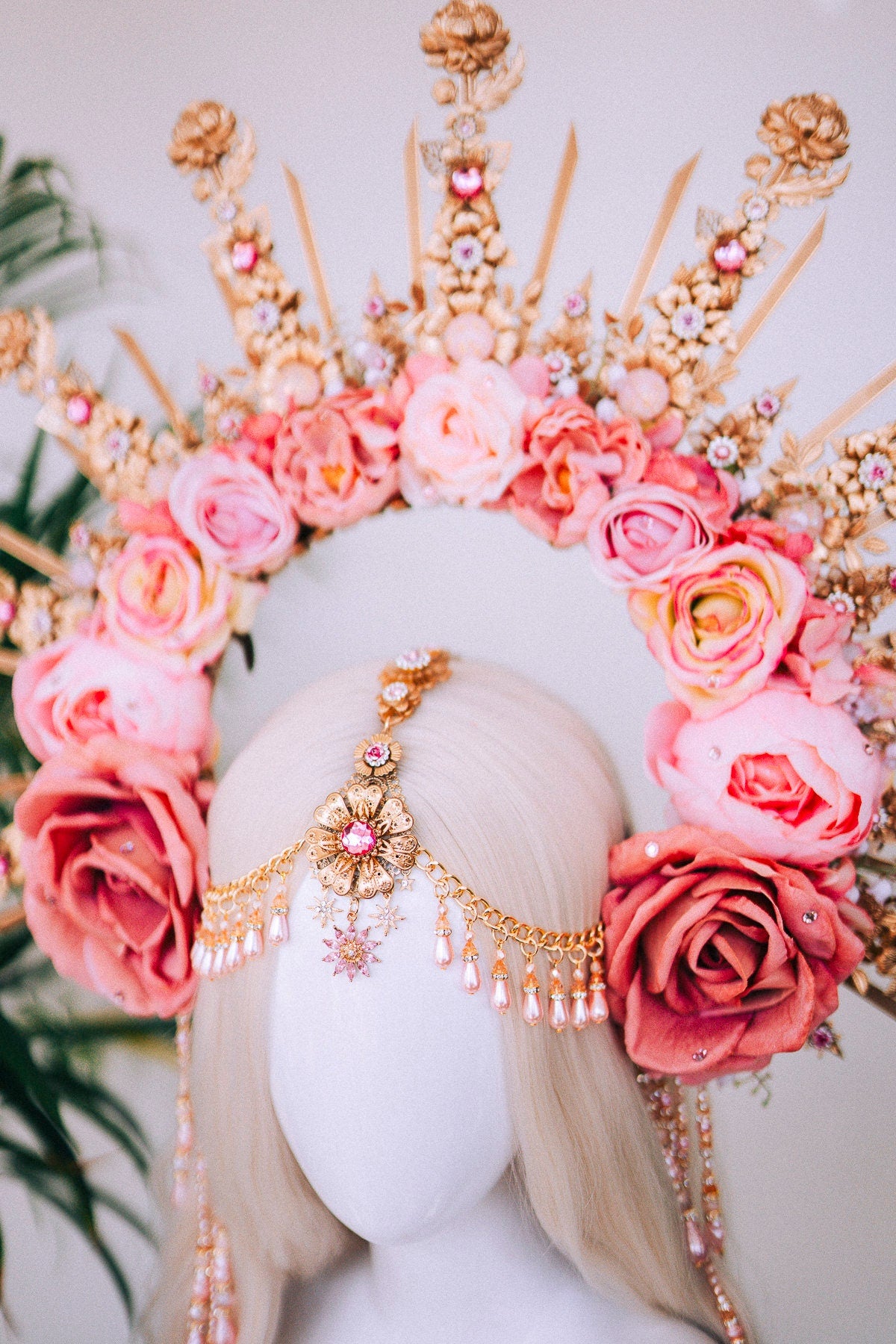 Celestial Flower Crown, Gold Boho Headpiece, Pink Rose Tiara, Goddess Halo Crown, Wedding Floral Crown, Festival Headpiece, Carnival Tiara