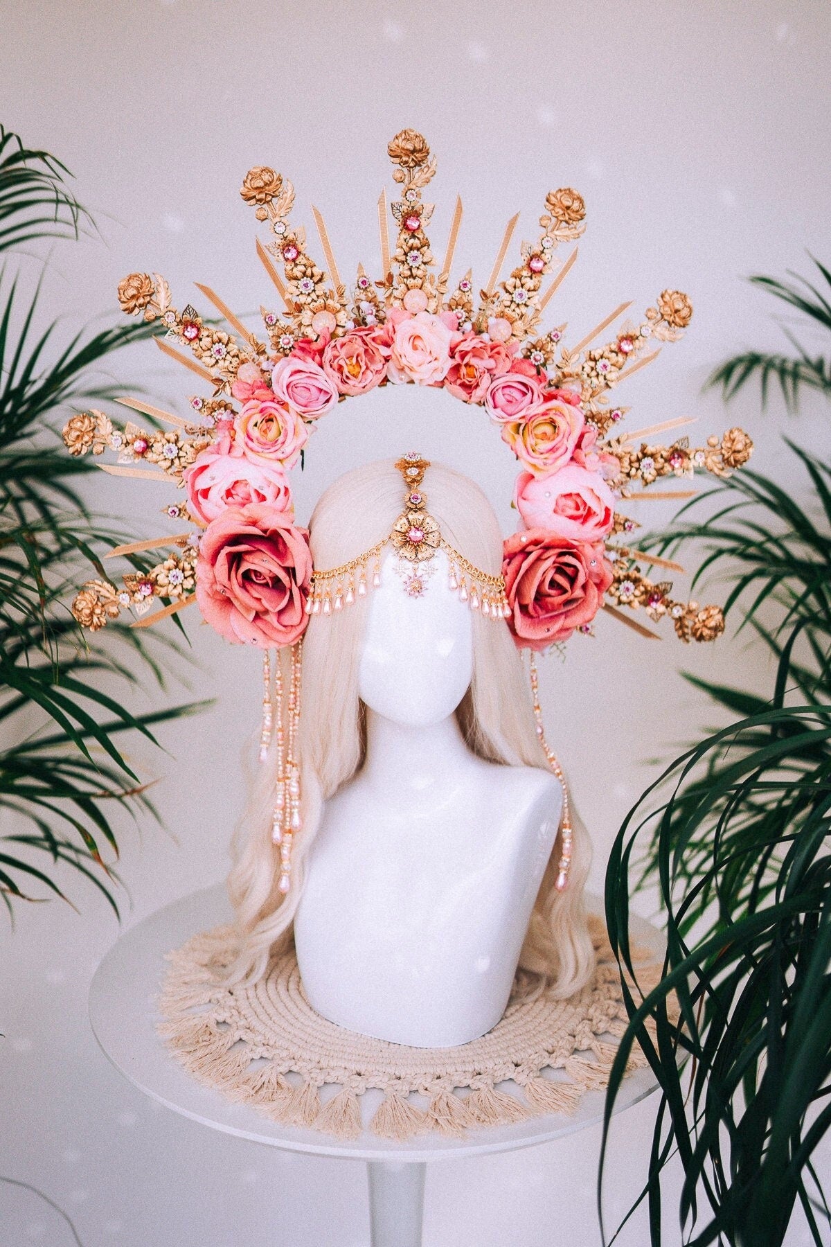 Celestial Flower Crown, Gold Boho Headpiece, Pink Rose Tiara, Goddess Halo Crown, Wedding Floral Crown, Festival Headpiece, Carnival Tiara