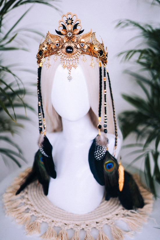 Boho Goddess Crown, Feather Headpiece, Festival Tiara, Celestial Halo, Gold Headpiece, Peacock Feathers, Mystic Queen, Ritual Crown