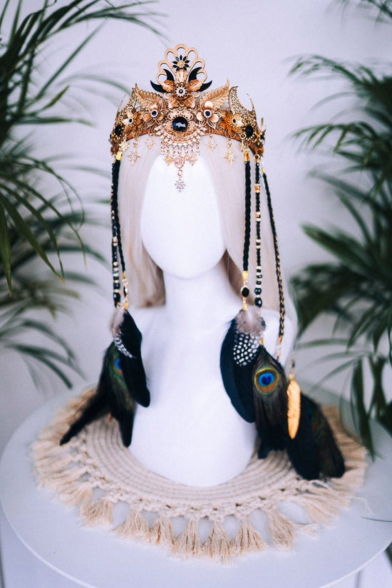 Boho Goddess Crown, Feather Headpiece, Festival Tiara, Celestial Halo, Gold Headpiece, Peacock Feathers, Mystic Queen, Ritual Crown