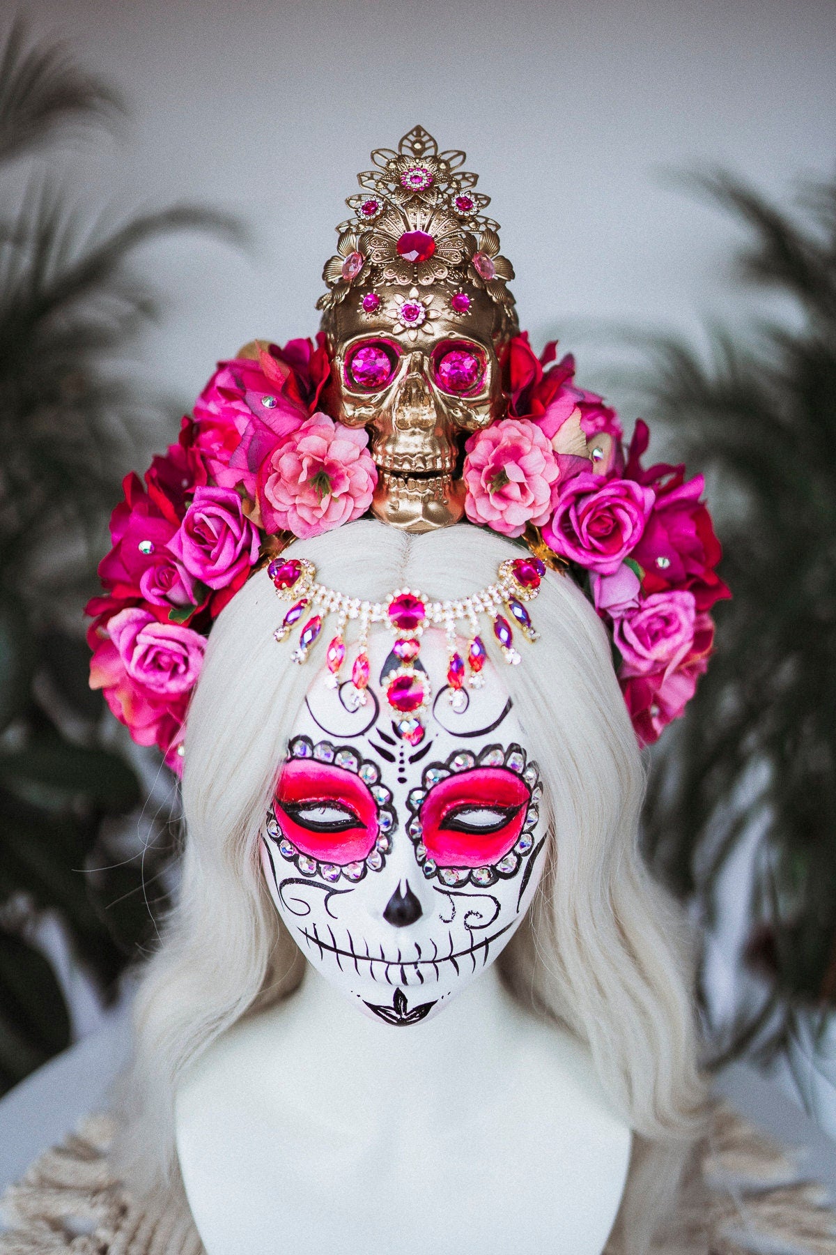 La Catrina Crown, Pink Roses, Skull Headpiece, Mexican Fiesta, Day of the Dead, Sugar Skull, Floral Crown, Festival Costume, Boho Bridal